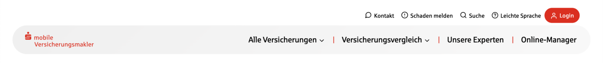 Die Navigation der Internetseite. Sie ist in zwei Zeilen aufgeteilt. Oben die Punkte Kontakt, Schaden melden, Suche, Leichte Sprache und Login. Darunter links das Logo rechts die Punkte Alle Versicherungen, Versicherungsvergleich, Unsere Experten und Online Manager.